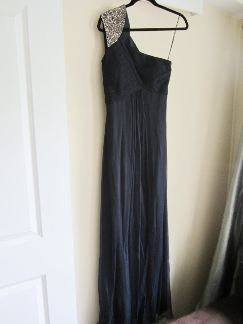 Carlos Miele navy silk beaded one shoulder gown