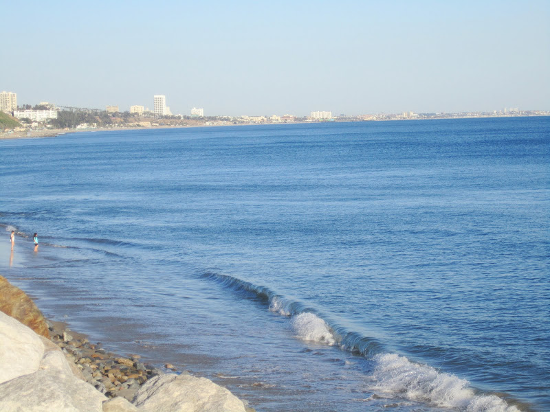 Picture of the waves coming in on the beach. In the distance you can see tall buildings and a city