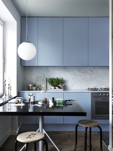 cornflower blue kitchen marble slab backsplash counters countertops modern design small space home