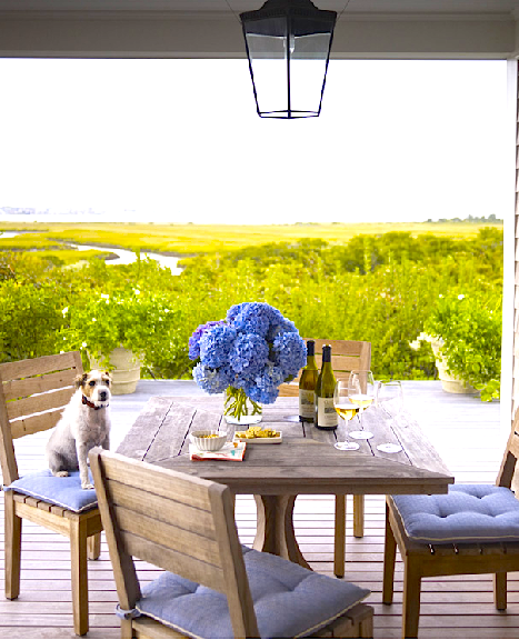 Al fresco outdoor dining with teak furniture, a beautiful view and a dog