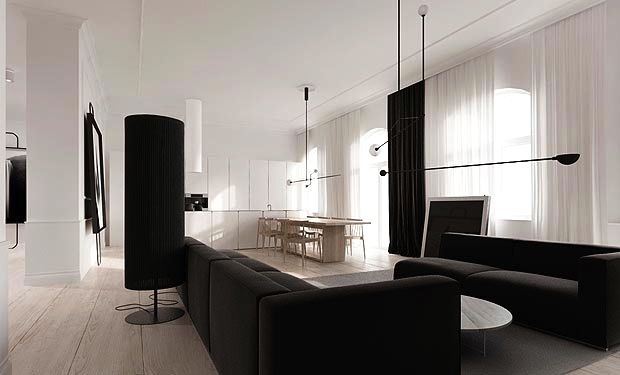 black and white family room den open floor plan apartment modern loft poland