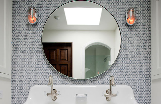 round mirror penny round mosaic tile bathroom bath nautical industrial sconces sink