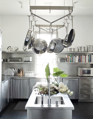 kitchen with stainless steel cabinets, pot rack and island