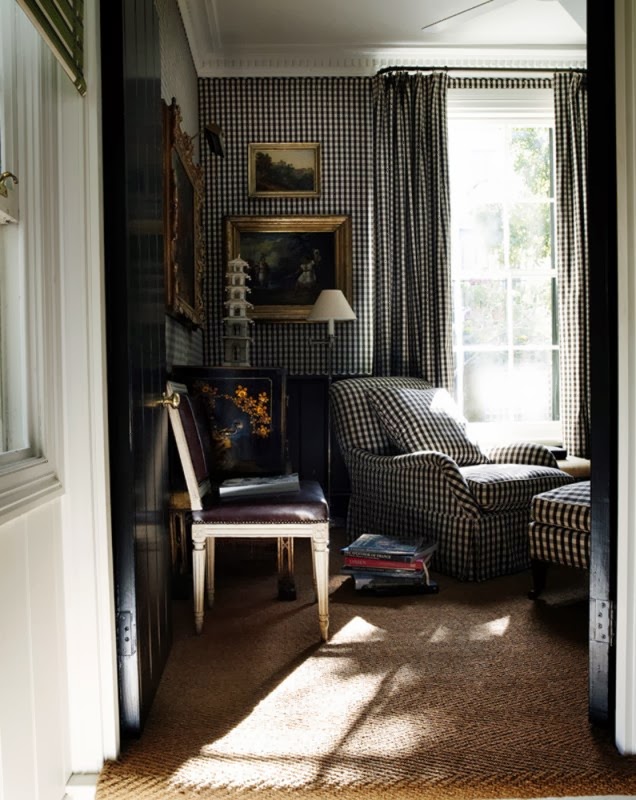 gingham check checkered vichy upholstered walls drapes chair