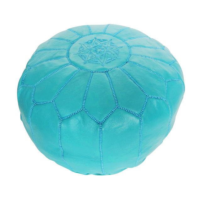 Turquoise Leather Moroccan Pouf