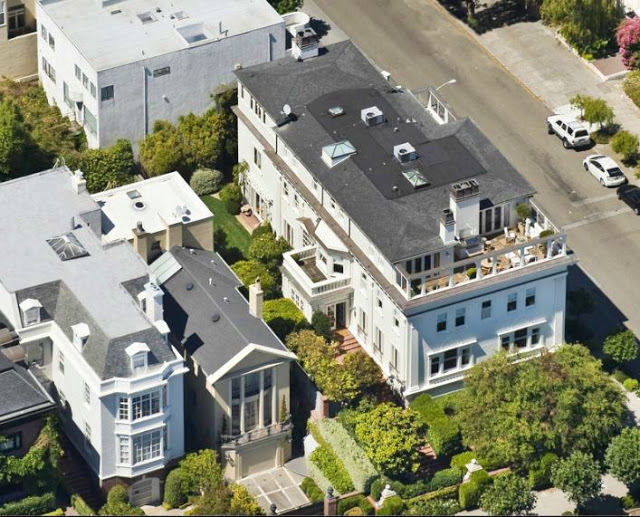 aerial view of the exterior of a san francisco mansion