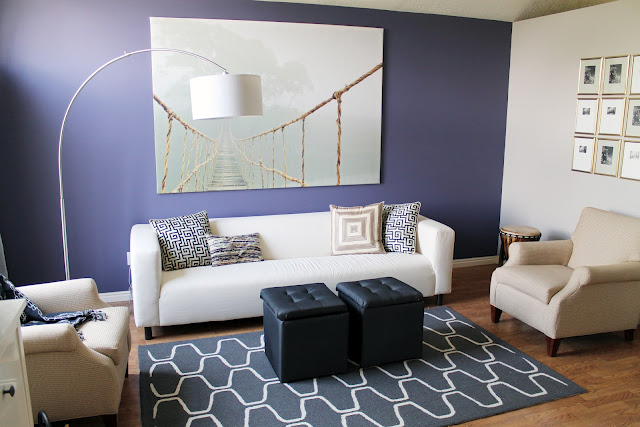 Chris Loves Julia Living room Before-neutral, purple feature wall graphic print rug