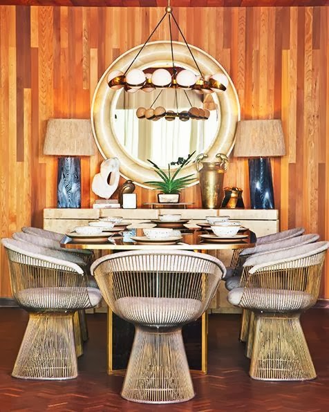 Kelly Wearstler wood panel dining room Platner chairs
