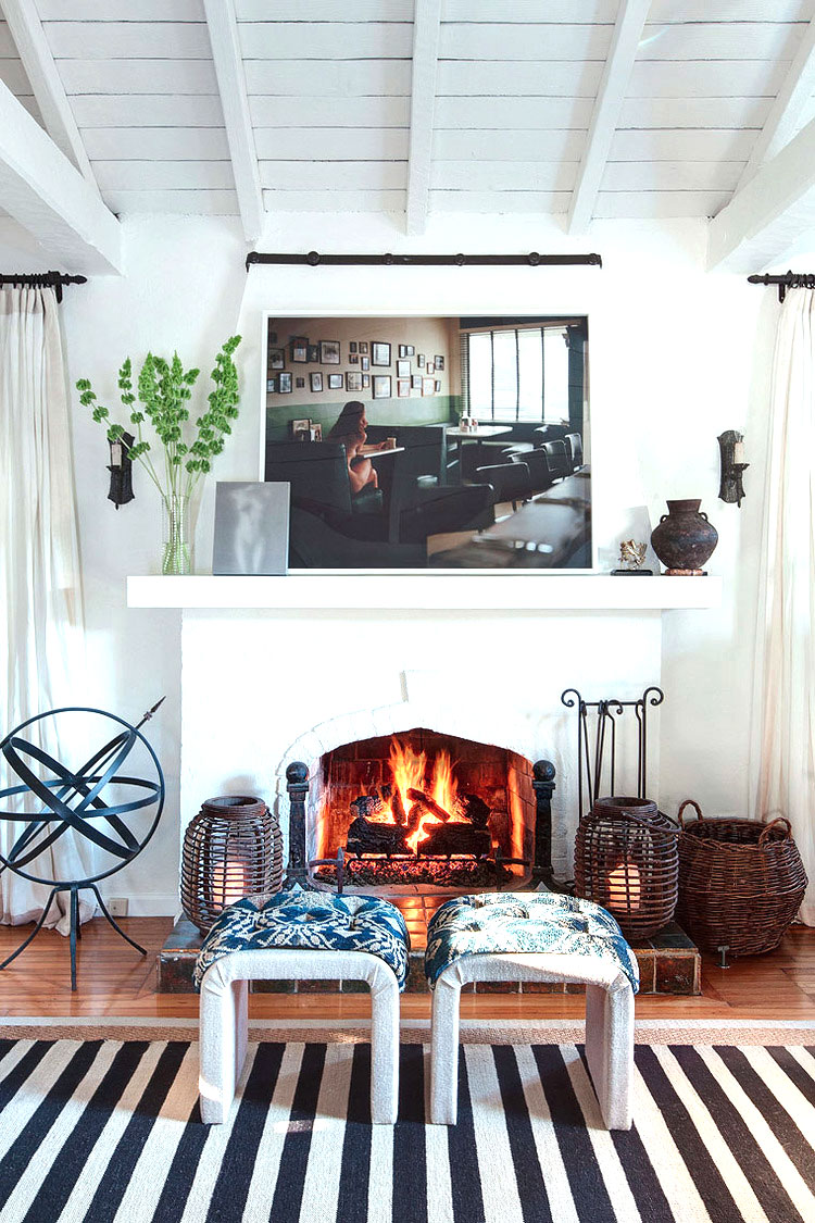 Fireplace in a blue and white living room