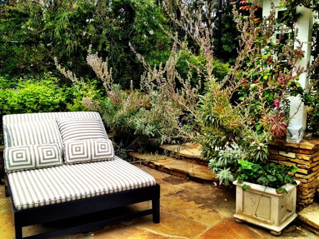 A double wide backyard garden chaise lounge chair surrounded by plants