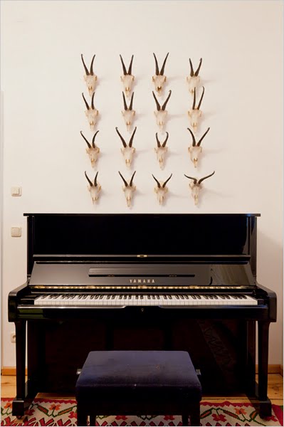 Piano in the Hammerhaus castle with 16 horned animal skulls arranged in a square above it