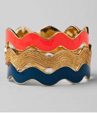 3 coral, gold and blue enamel stackable bangles
