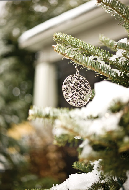 Close up of an elegant, silver Christmas oranment hanging from a tree covered in snow
