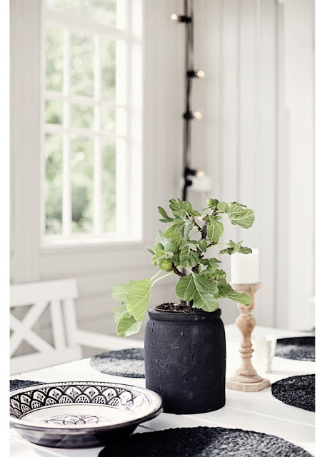 Dark grey planter with Moroccan inspired plates on a grey front porch dining room