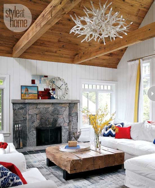 cottage living room vaulted beamed ceiling pitched high ceilings stone fireplace white sectional