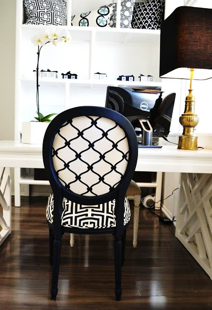 COCOCOZY HQ office space with a vintage brass Stiffel lamp and white orchid sitting on a White Laquer Fertwork Parsons Desk, navy Louis chair with COCOCOZY Logo linen on the front and COCOCOZY Fence in navy on the back