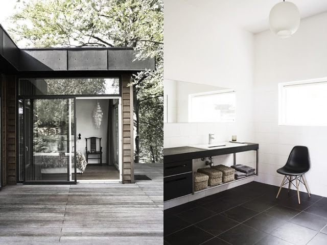 Outdoor patio and bathroom in a simple, modern Danish home