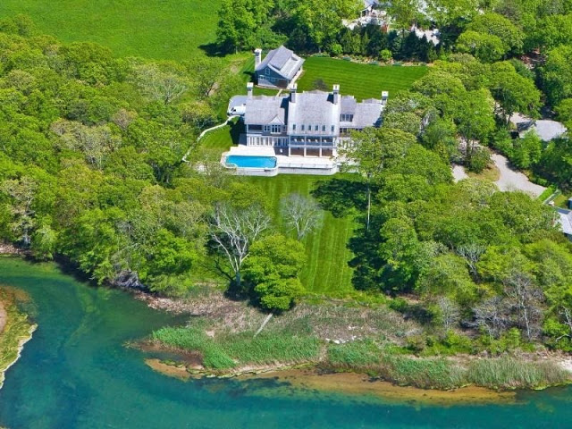 Aerial view exterior waterfront Hamptons estate