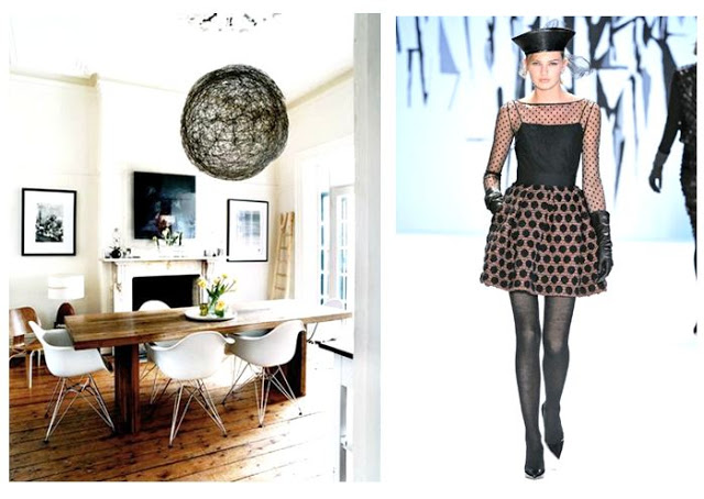Left: White Eames chairs surround a farmhouse dining table with a large modern black pendant light above. Right: A modern winter polka dot dress with sheer sleeves from Milly's fall 2012 collection