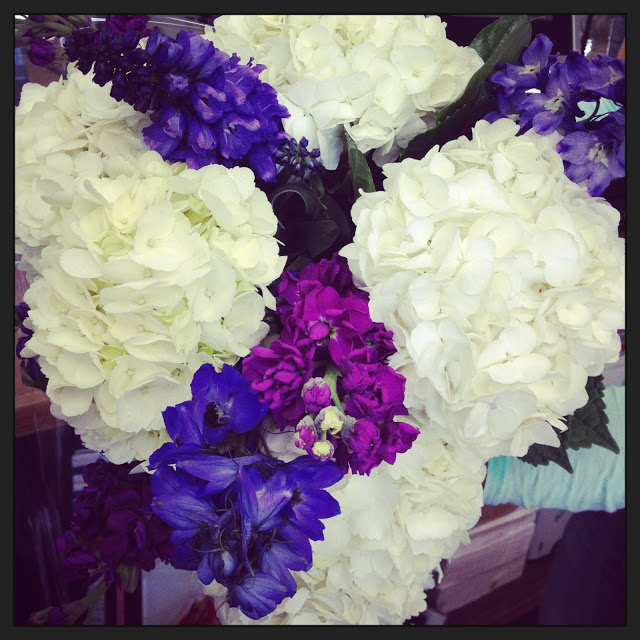 flower arrangement with white and purple hydrangeas 