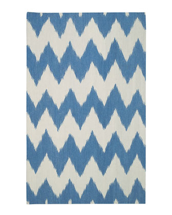 Blue and white chevron printed wool flat weave ikat rug