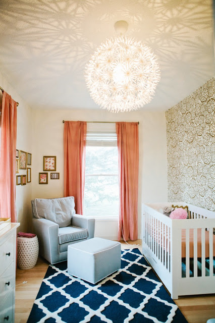 nursery baby room peach drapery drapes gold wallpaper rose flower print bedroom kids ikea ps maskros pendant ceiling light