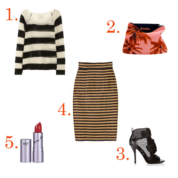 Striped black and white knit sweater, striped gold and black skirt, red lipstick, black heels with mesh details and a pink and red palm tree print bag