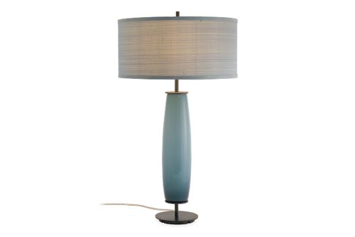 Blue glass table lamp with silk blue trimmed shade