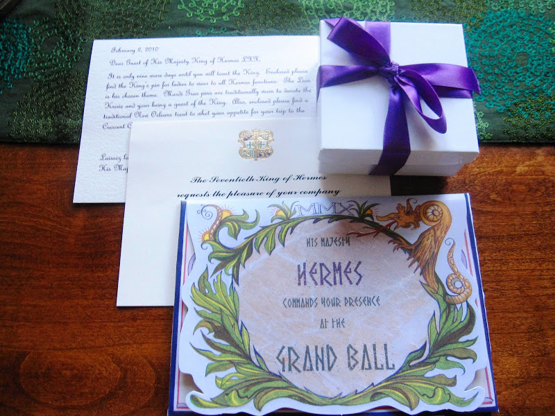 Invitation and gifts as part of a New Orleans Mardi Gras celebration in honor of the King of Hermes