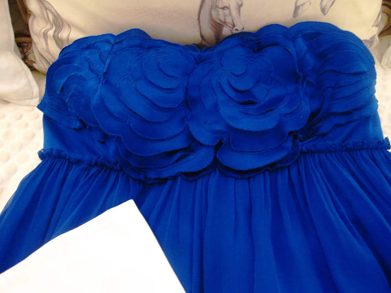 Royal blue empire waist chiffon ball gown and white leather long kid gloves for the Hermes krewe's Grand Ball
