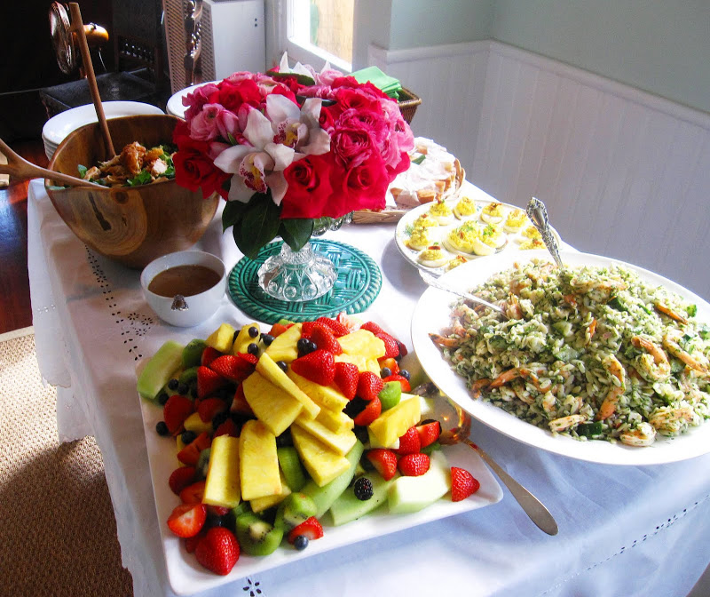 Vegetarian food and flowers at a Baby Shower in Venice Beach, California