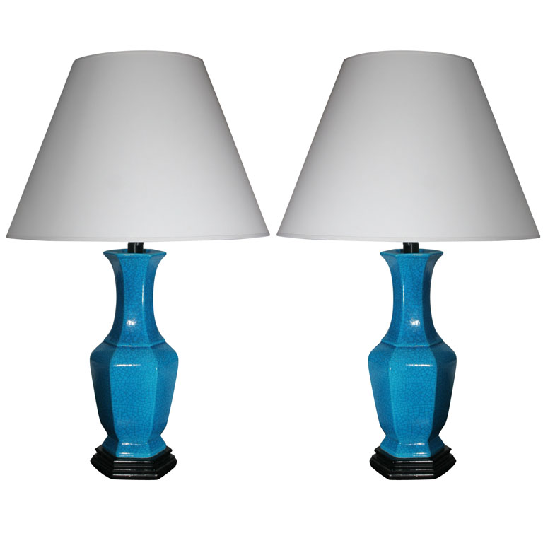 Pair of Turquoise Craquelure Glazed Porcelain Table Lamps mounted on black bases