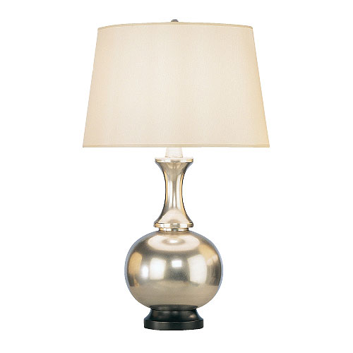 Lamp with bubble, vintage silver finish over brass base and a hard back white lampshade from Plush Home