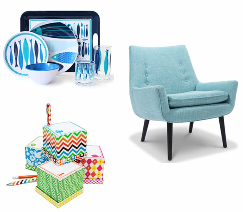 Blue outdoor dinnerware with fish, a blue armchair and cute stationary from Jonathan Adler