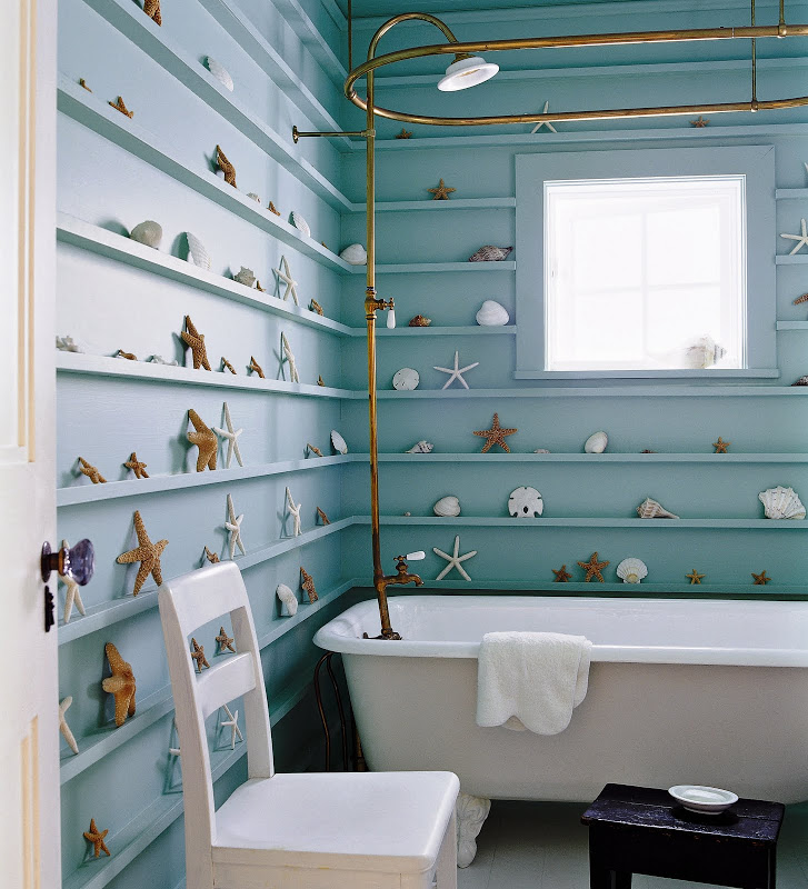Bathroom in a Malibu home by Kerry Joyce with shallow shelving to display starfish and shells