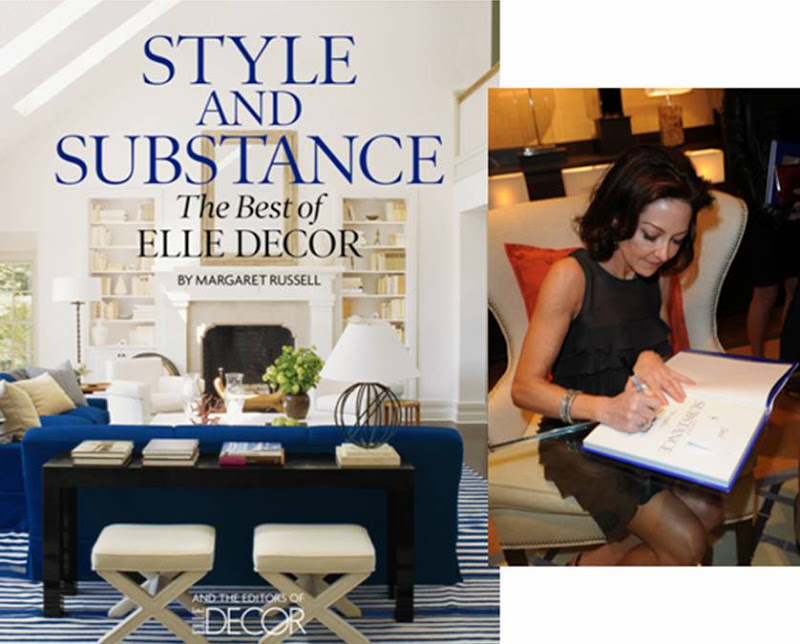 On the left: Style and Substance book cover; On the right: Margaret Russell, Editor-in-Chief, Elle Decor at book signing at William Sonoma Home in Los Angeles