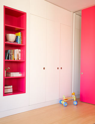 Pink closet door and built in shelving