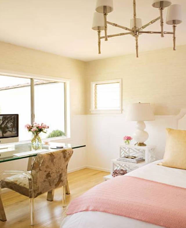 Bedroom by Kristen Hutchins with gold faux bamboo metal chandelier, glass desk and picture window