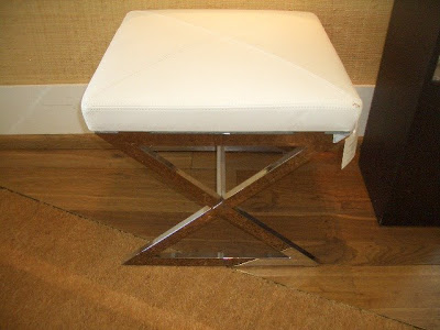 X-bench with silver legs and a white leather seat from William Sonoma Home