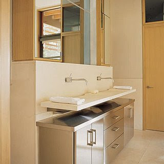 Modern bathroom vanity with steel cabinets and drawers