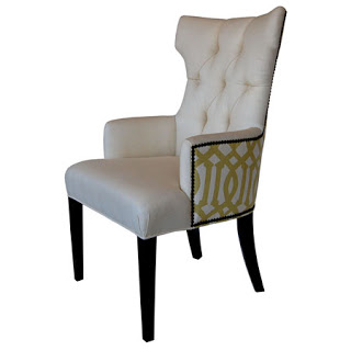 Tufted dining chair with nail head trim and patterned upholstered back from Plush Home