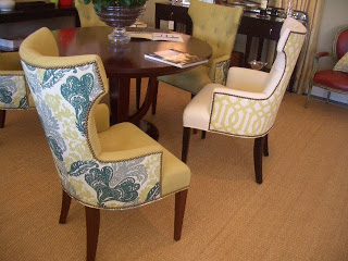 Tufted dining chairs with nail head trim and patterned upholstered back from Plush Home