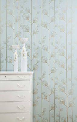 Turquoise wallpaper with gold plants from Ferm Living