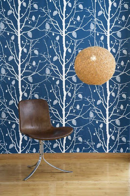 Dark blue wallpaper with white trees from Frem Living