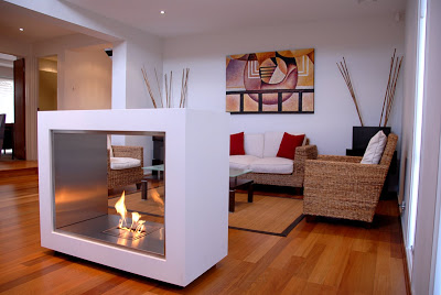 Environmentally friendly and modular fireplace in a living room