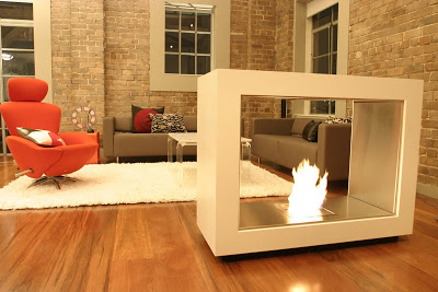 Environmentally friendly and modular fireplace in a living room