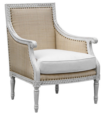 Louis XVI style bergere upholstered both in fabric and in raffia from Oly Studio
