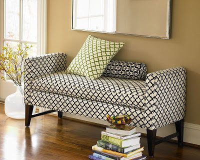 Settee upholstered in Lulu DK fabric from Pottery Barn