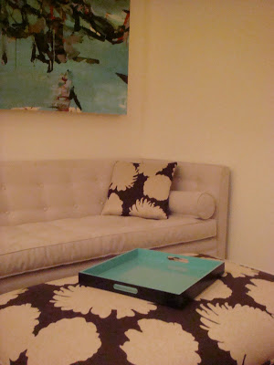 Close up of Jonathan Adler sofa in a NYC loft lounge