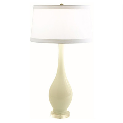 White glass table lamp with a white shade with grey trim from Plantation